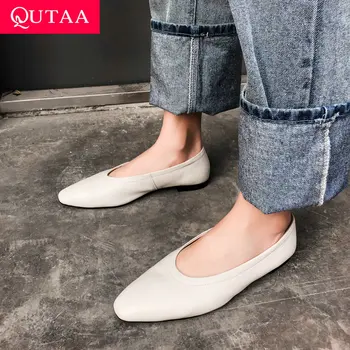

QUTAA 2019 Woman Shoes Genuine Leather Flat Heel Basic Slip on Pointed Toe Casual Concise Soft Shallow Single Shoes Size 34-40