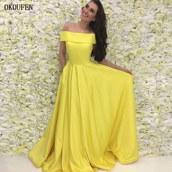 

Yellow Prom Dresses 2019 Simple A-line Off the Shoulder Formal Ball Wedding Party Gowns vestidos de fiesta robe de soiree gala