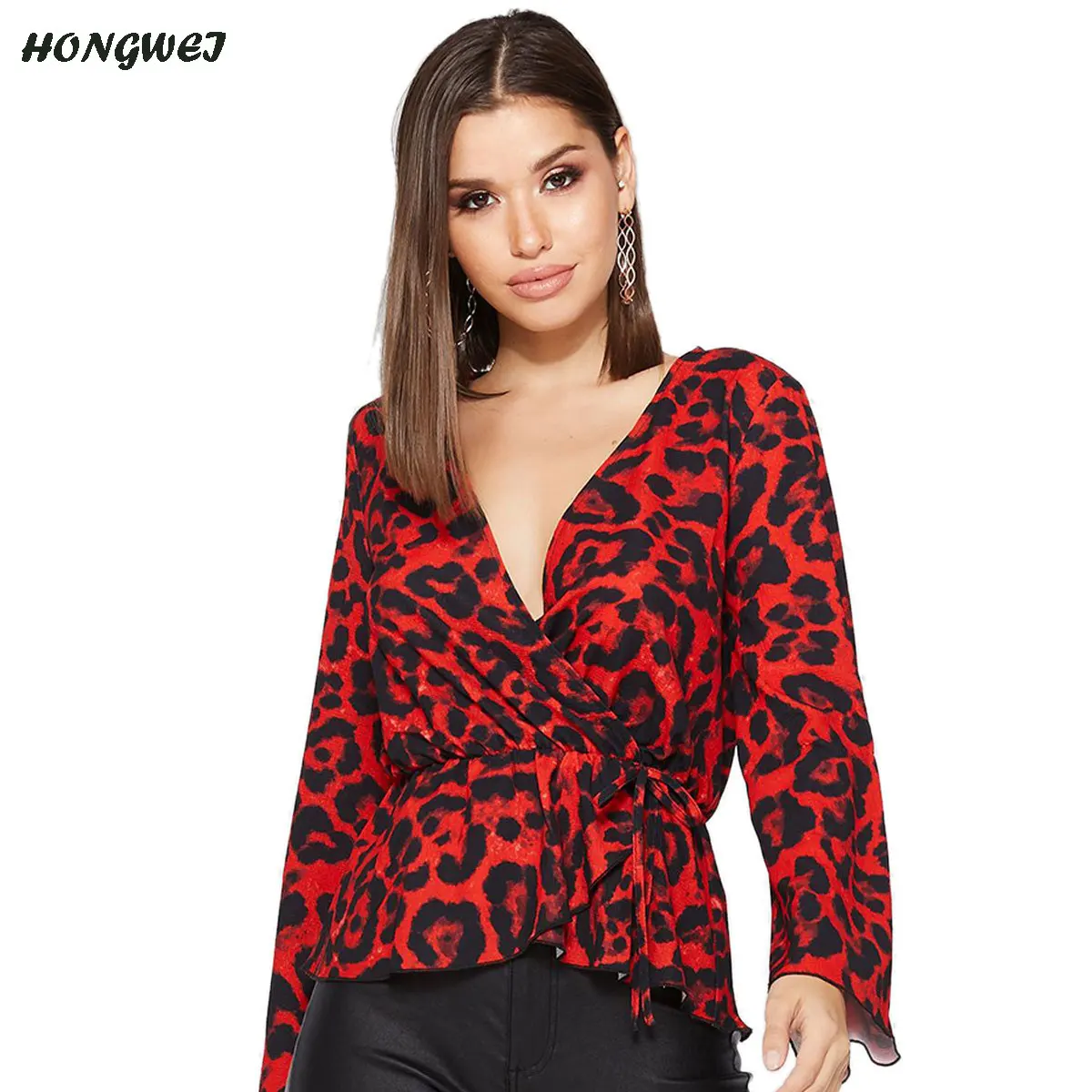 womens red leopard print top