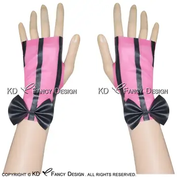 

Pink With Black Stripe Sexy Fingerless Short Latex Gloves With Bows Rubber Mittens ST-0019