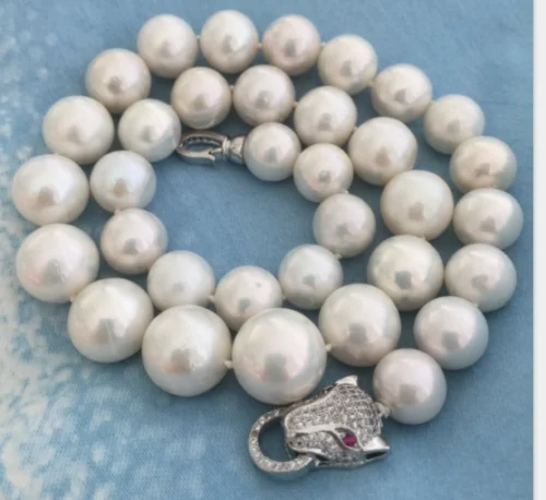 

huge 18" 15-12MM SOUTH SEA NATURAL White PEARL NECKLACE Leopard head CLASP