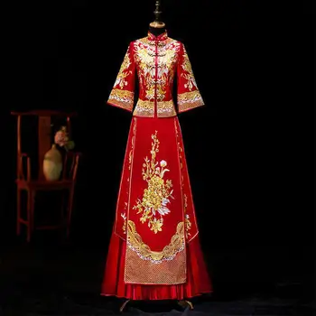 

Embroidery Women Cheongsam Satin Qipao Mandarin Collar Marriage Suit Chinese Style Ancient Noble Royal Evening Gowns Costume