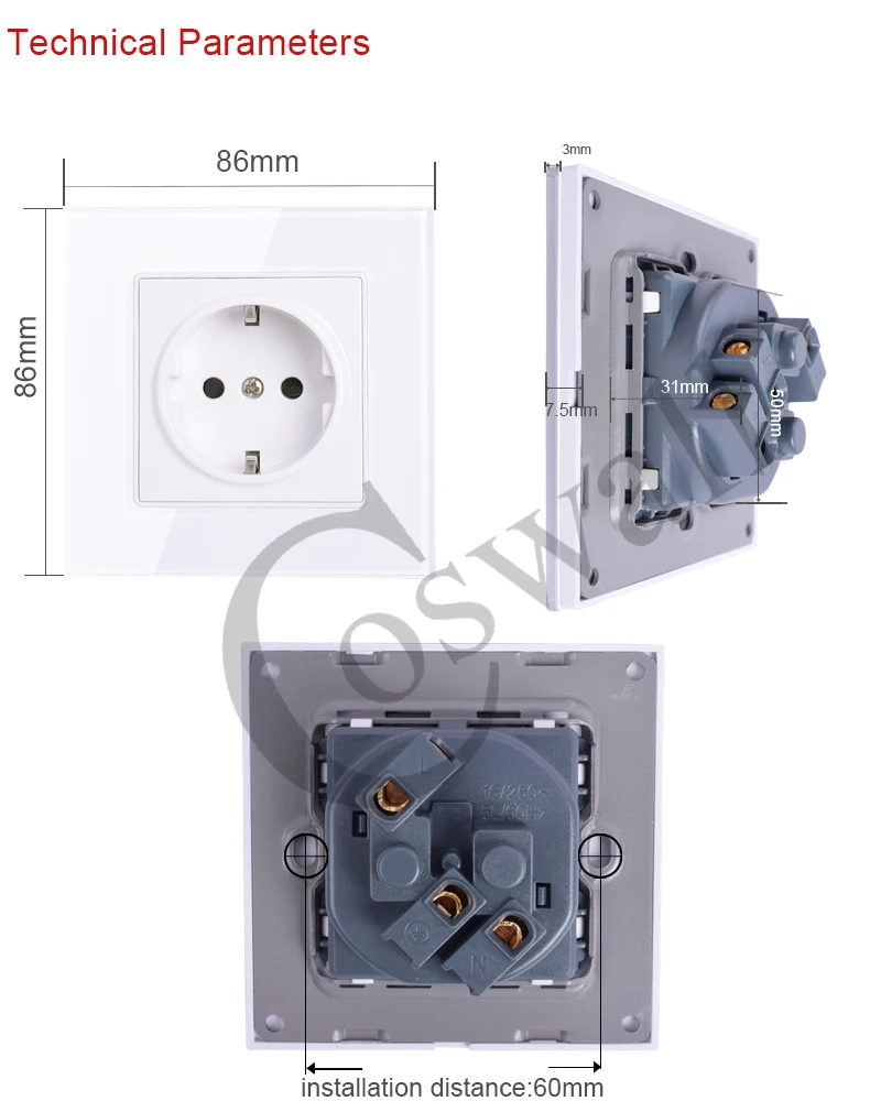 Coswall стены кристалл стекло Панель мощность разъем заземлен, 16A ЕС Стандартный электрическая розетка 86 мм* 86 мм
