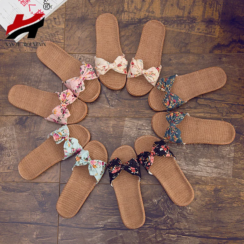 

NAN JIU MOUNTAIN Summer Women's Slippers Linen Lovers Home Thick-soled Non-slip Indoor Bows Slippers Soft Foundation