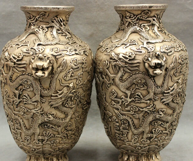 

JP S0608 10" Chinese Folk Cultue Silver 9 Dragons Beast Head Statue Vase Flower Pot Pair