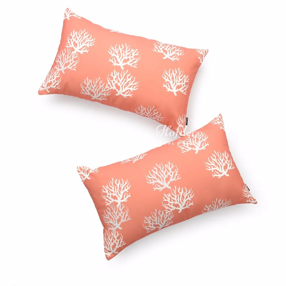2Pcs Lumbar Pillow Cover Set Canvas Ivory Coral Coastal Nautical Sofa