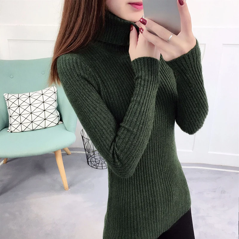 

2019 New Solid Color Wild High Collar Slim Sweater Bottoming Shirt Sweater Women Turtleneck Girls Sweaters Winter Dresses