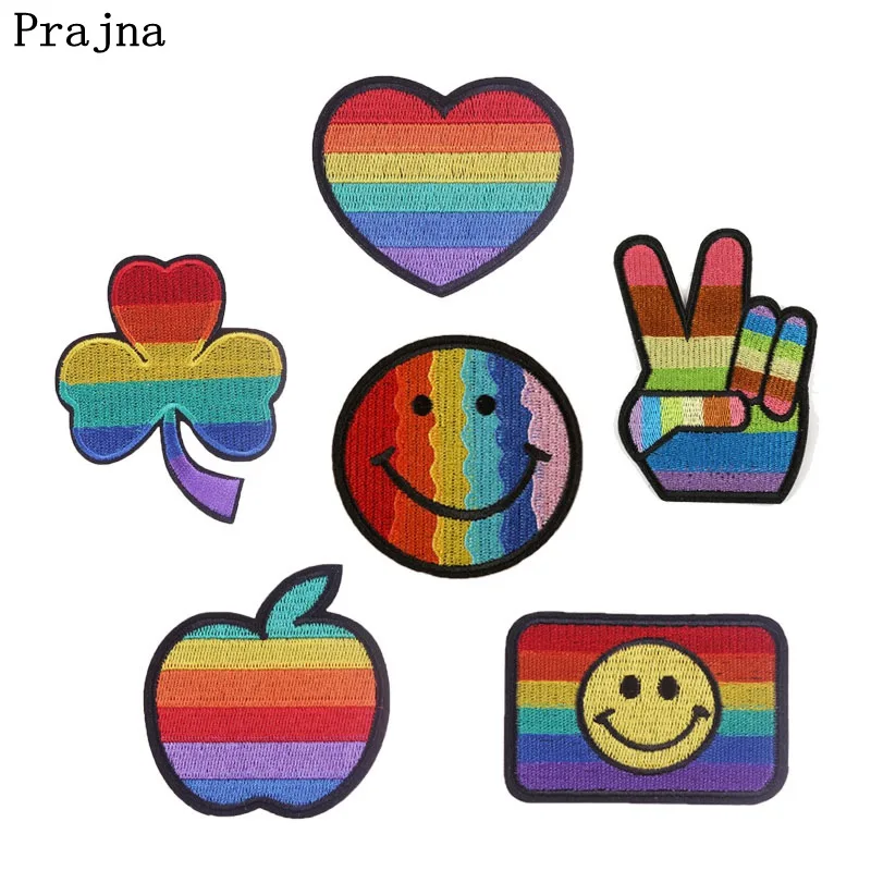 

Prajna Gay Pride Patch Cute Cartoon Rainbow Embroidery Patches Stripe On Clothes Clover Camera Emoji Iron Patches DIY Applique
