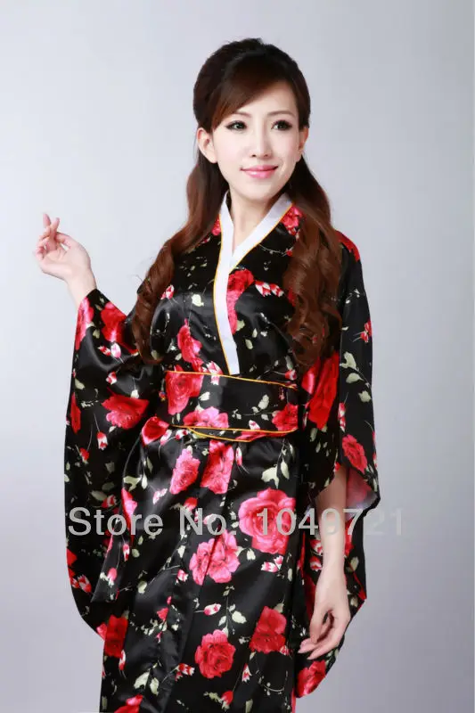 Black Japanese Women's kimono Silk Satin kimono robe gown free shipping