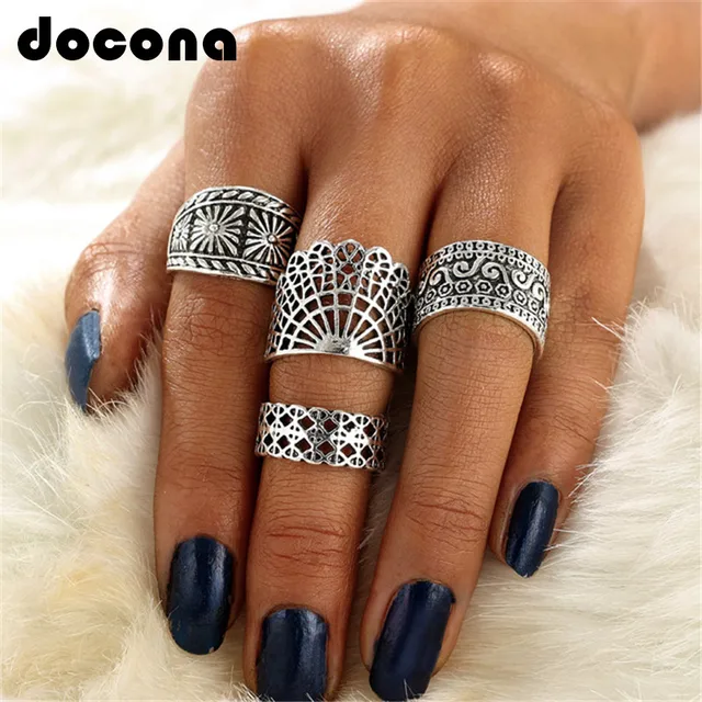 docona 4 Pcs/set Punk Gold Silver Hollow Out Knuckle Rings Set Carved Flower Gyp docona 4 Pcs/set Punk Gold Silver Hollow Out Knuckle Rings Set Carved Flower Gyp