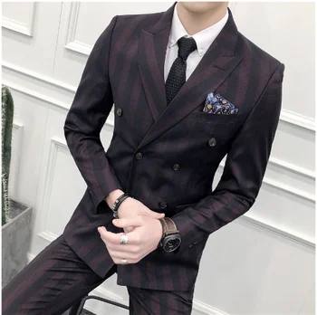 

Slim Fit Double Breasted Suit 2019 Latest Coat Pant Designs Skinny Men Prom Stripe Suits Wedding Costume Homme Luxe 3 Piece