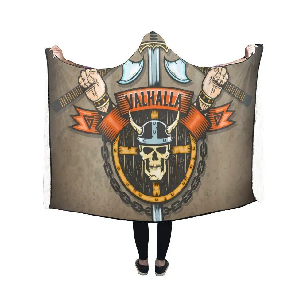 Hooded Blanket Viking Pirates Skull Pilling Polar Fleece Hooded Throw