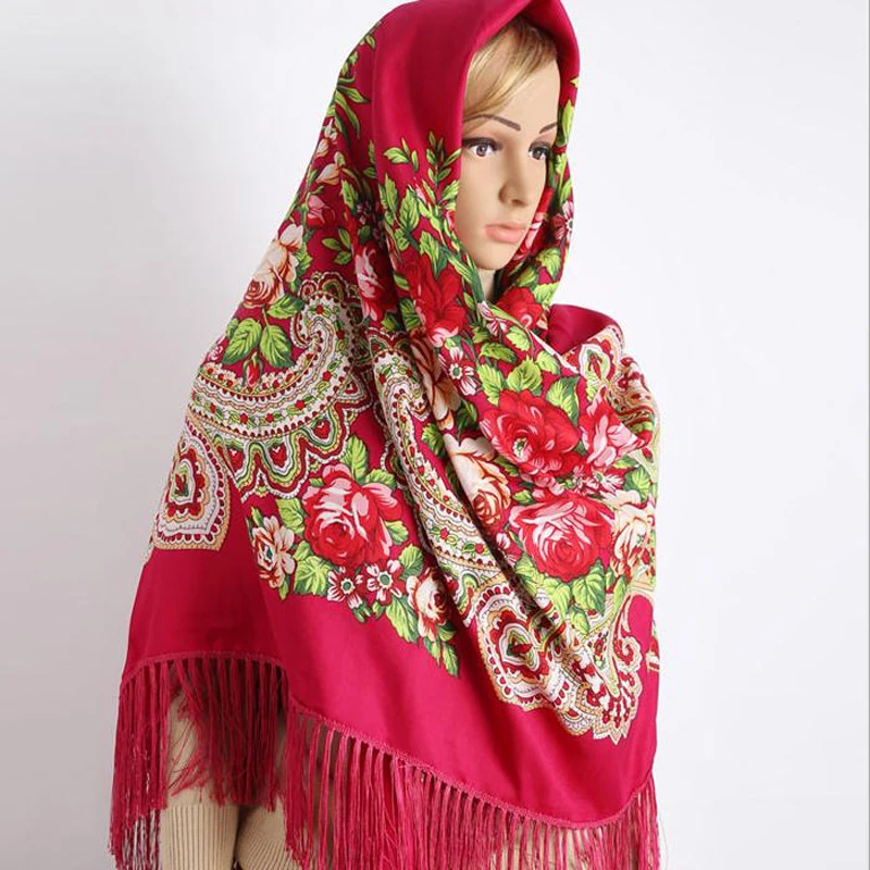 

Russia Style National Designs New Fashion Women Cotton Printing With Four Sides Tassel Large Squar Shawl Scarf Oversize Wrap