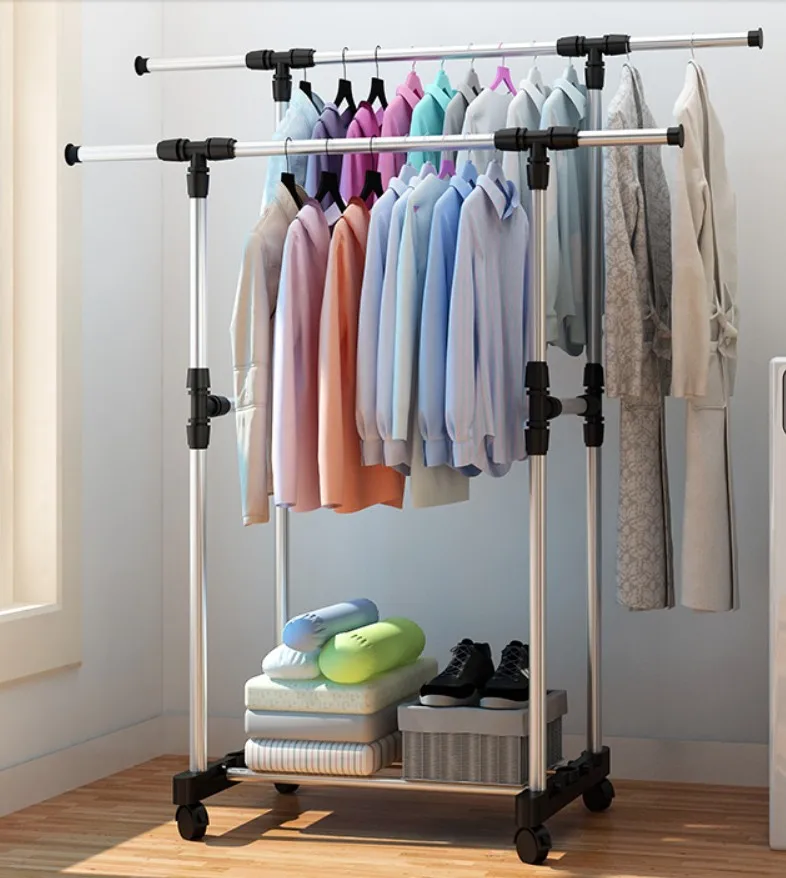 

Floor Stand Clothes rack Outdoor balcony storage Shelf Stainless Steel Telescopic hanger Double Rod Drying rack furniture B495