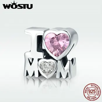 

WOSTU Hot Sale 925 Sterling Silver I LOVE MOM Pink CZ Beads fit Original Charm Bracelet Necklace Jewelry Mother Day Gift DXC579