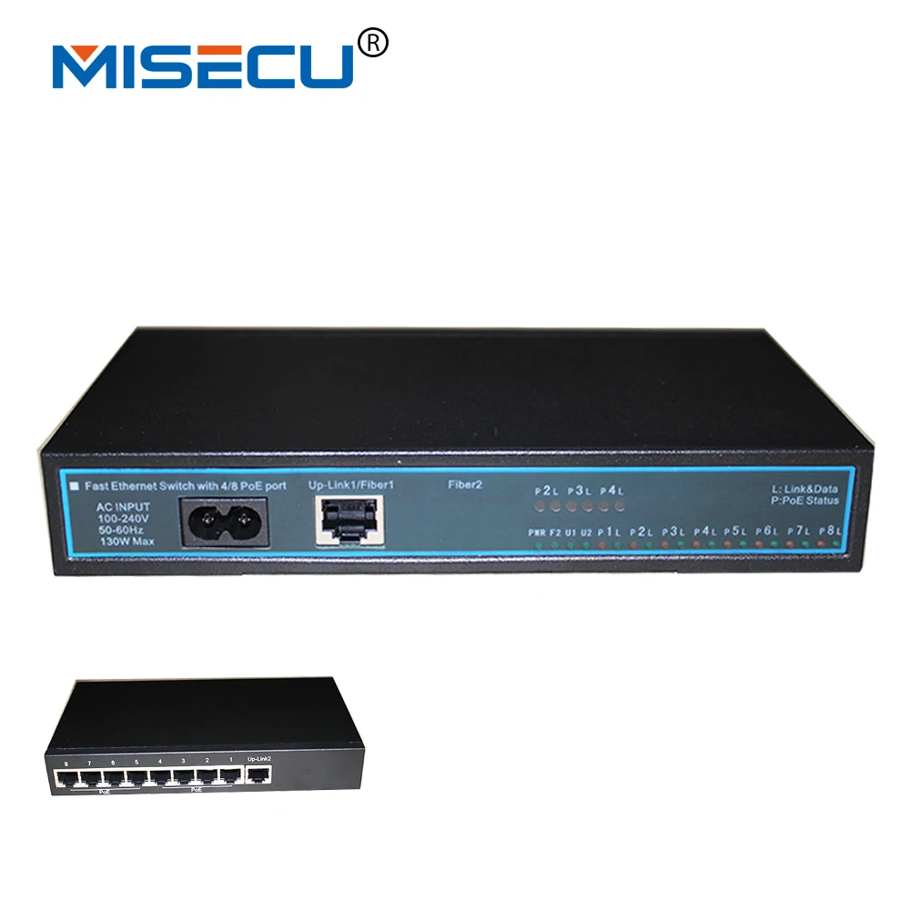 

8CH PoE switch Up-Link1/Fiber 1 Up-Link2 Fiber 2 Onvif Port Fast Ethernet Switch support 100-200V 10/100Mbps network cameras POE