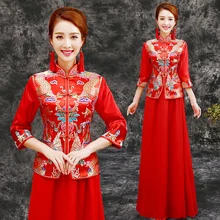 1 компл./лот в китайском стиле для женщин красный cheongsam Шифон Сатин набор Ципао Дамаск с рукавами 1/2, вышивкой cheongsam