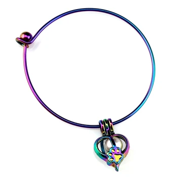 

Rainbow Color Bangle Bracelet Pick a Pearl Cage Dangle Cat Paw Heart Pendant B-C696