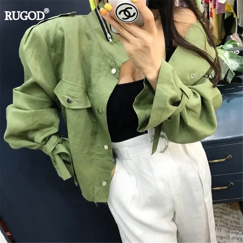 

RUGOD New Arrival Retro Tooling Bomber Jacket Women Fashion Summer Long Sleeve Single Breasted Thin Short Jacket Casaco Feminino