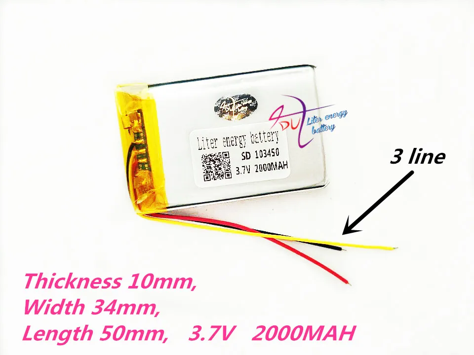 3 провода 103450 3,7 V 2000MAH литий-полимерная аккумуляторная батарея для MP3 gps навигатора DVD рекордер гарнитура электронная книга камера