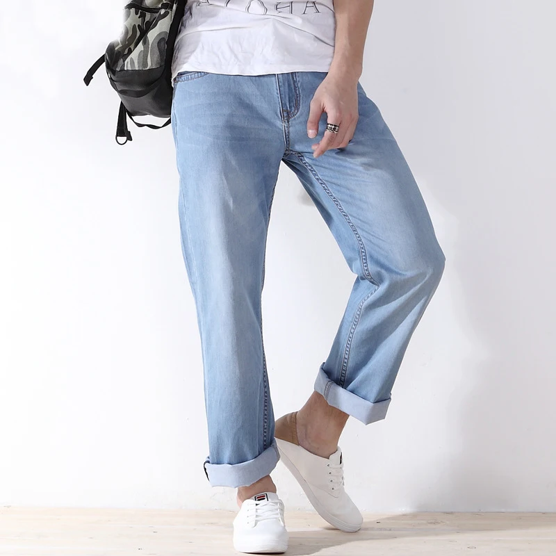 

2019 Summer New Stretch Cotton Breathable Straight Fit Jeans Men Thin Summer Men's Denim Jeans Long Pants Lightweight Jeans 550