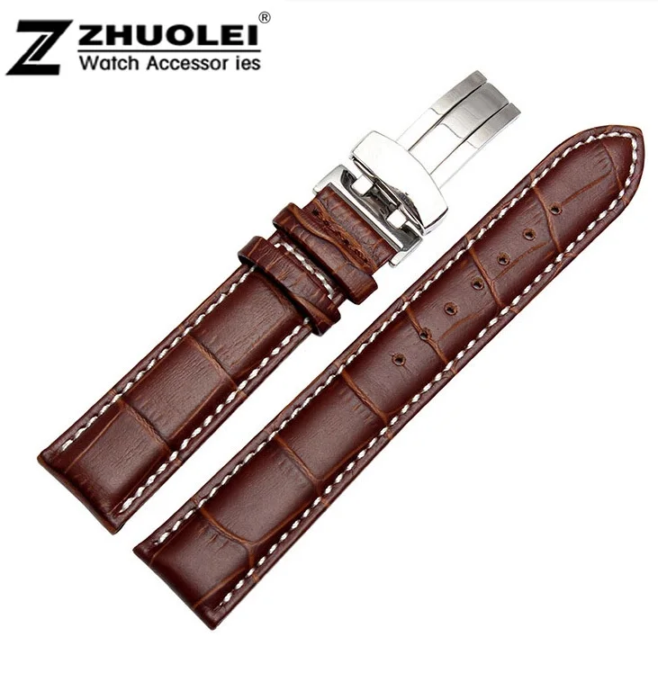 

New 20mm Brown New High Quality Crocodile Pattern Genuine leather Watch Band Strap With White Stitching Free Shipping