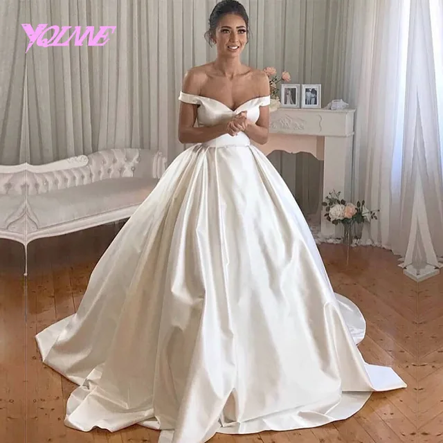 YQLNNE 2018 Ivory Satin Wedding Dress Off the Shoulder Ball Gown Zipper ...