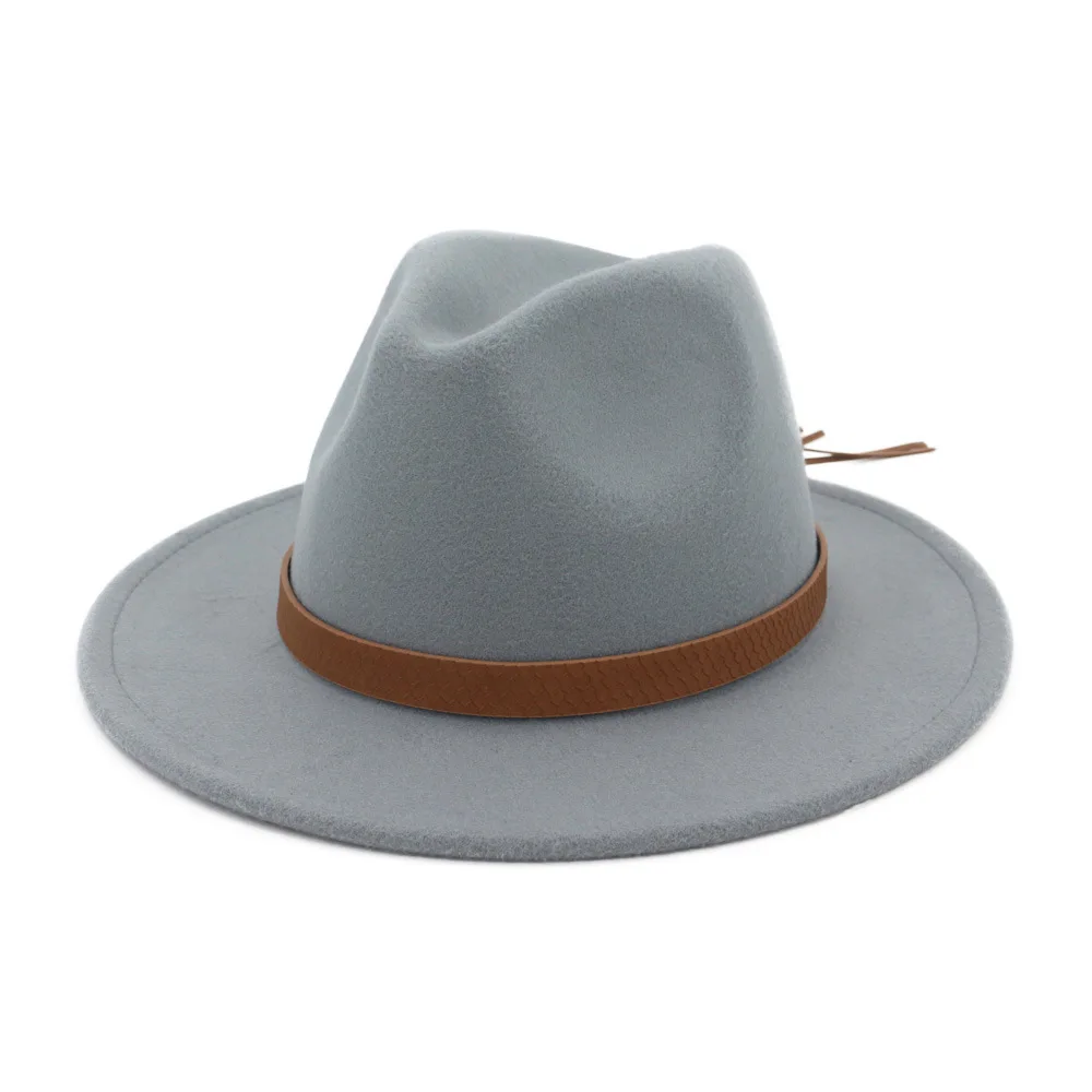 Шерстяная фетровая шляпа Панама Джаз Fedoras Шляпы с поясом украшения плоские полями формальная Вечеринка и сцена топ шляпа для женщин мужчин унисекс - Цвет: Gray