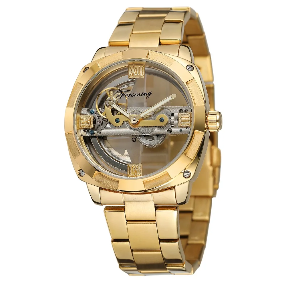 

New Arrival Luxury Brand Golden Tone Double Side Men's Watch Automatic Self Wind Wristwatches Stainless Steel Band Nice Gift