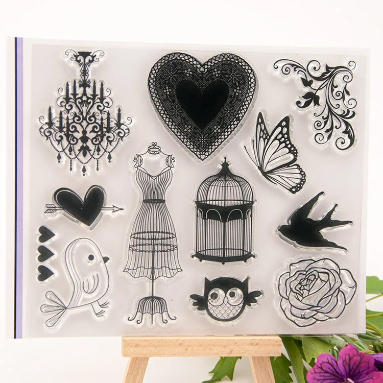 

2018 Dress Bird Cage Heart Transparent Clear Silicone Stamp for Seal DIY Scrapbooking Photo Album Decorative Clear Stamp Sheets