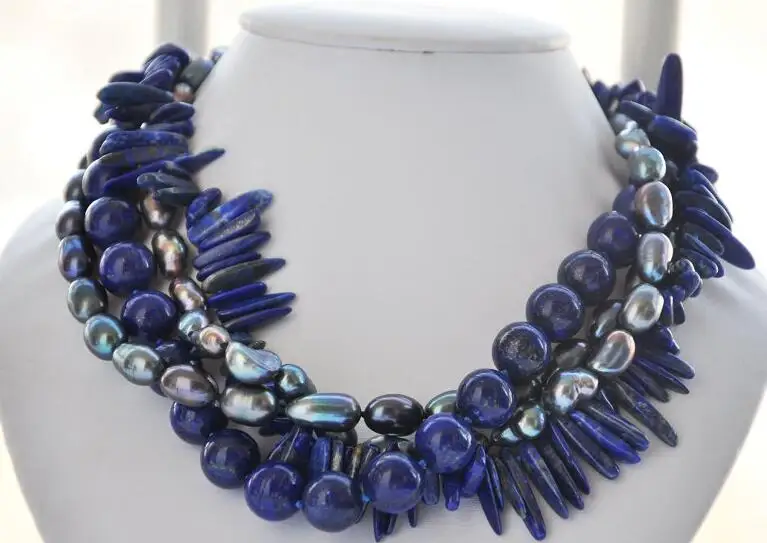 

3443 4row black rice pearl blue lapis lazuli necklace