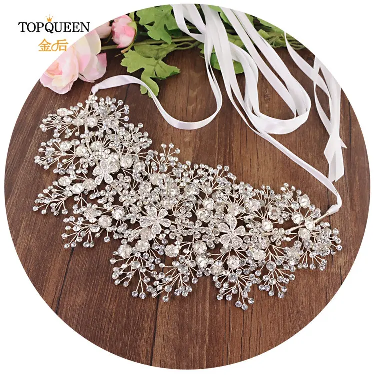 White ribbon TOPQUEEN SH240 аксессуар для свадебного платья серебряный пояс для платьев подружки невесты Стразы сплав Цветочный Пояс для вечернего платья - Цвет: White ribbon