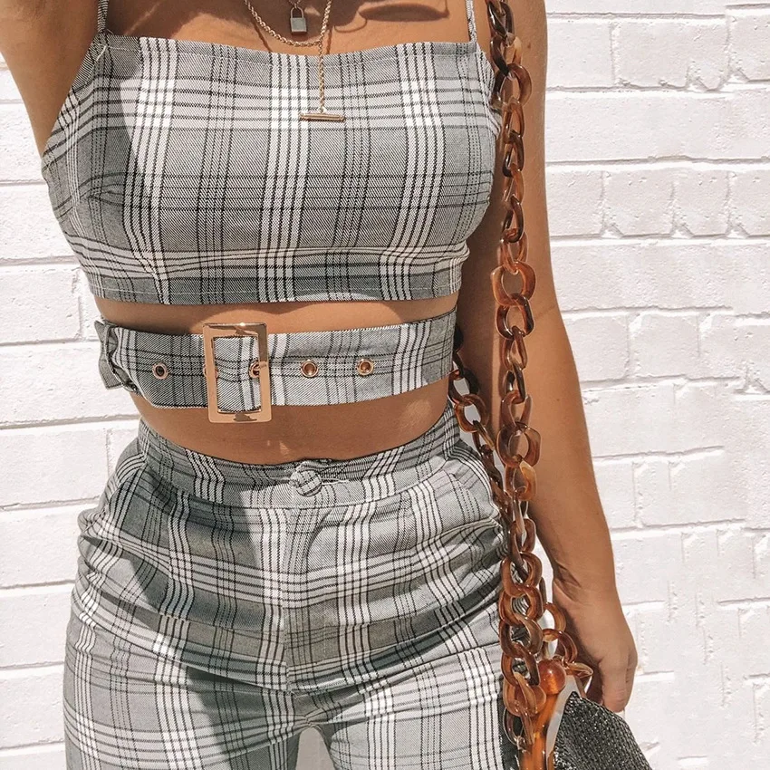

2019 spring new Word ring Set female plaid strap Autumn vest halter straight pants