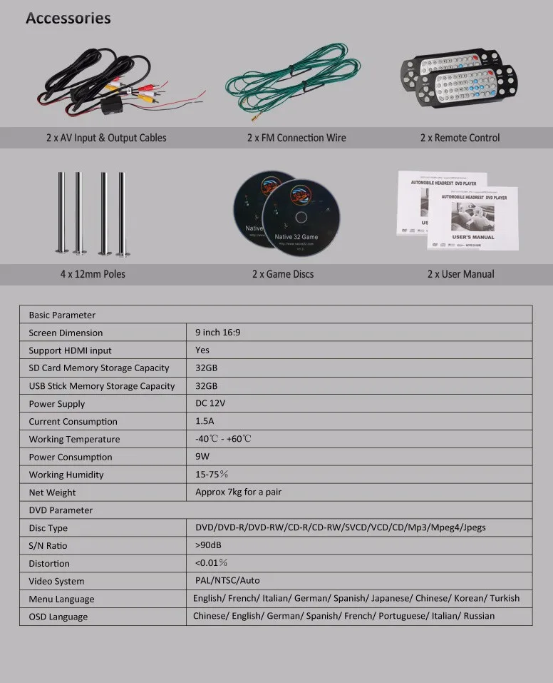 Excellent 2x9" Car Headrest DVD with HDMI Port Headrest Car Monitor with DVD IR& FM Transmitter Beige Color (Black & Grey Optional) 9