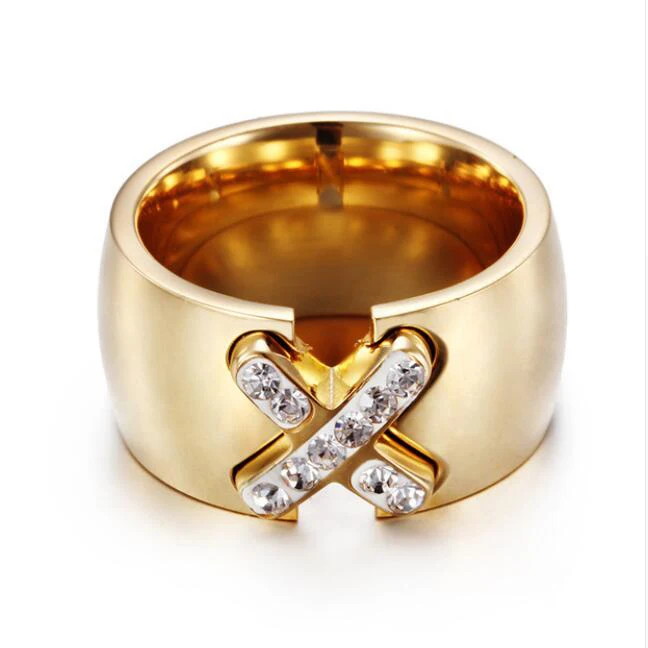 

New Arrival Gold-Color Ring Bijoux 14mm Width Big Pave Setting CZ Cross X Ring For Women Trendy Fashion Jewelry Wholesale Gift