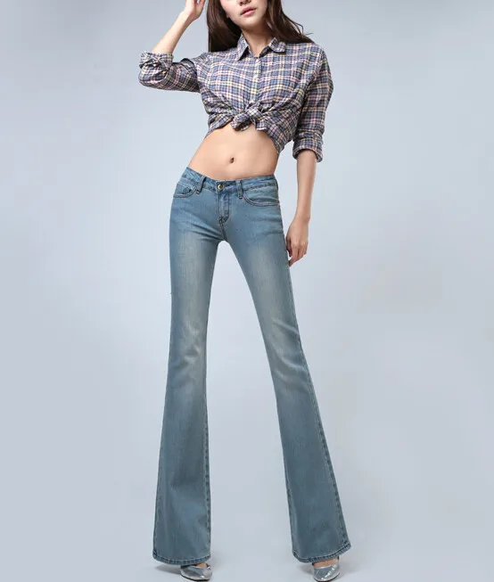 Винтаж Denim Flare Широкие брюки универсальные эластичные тонкие повседневные джинсы Для женщин
