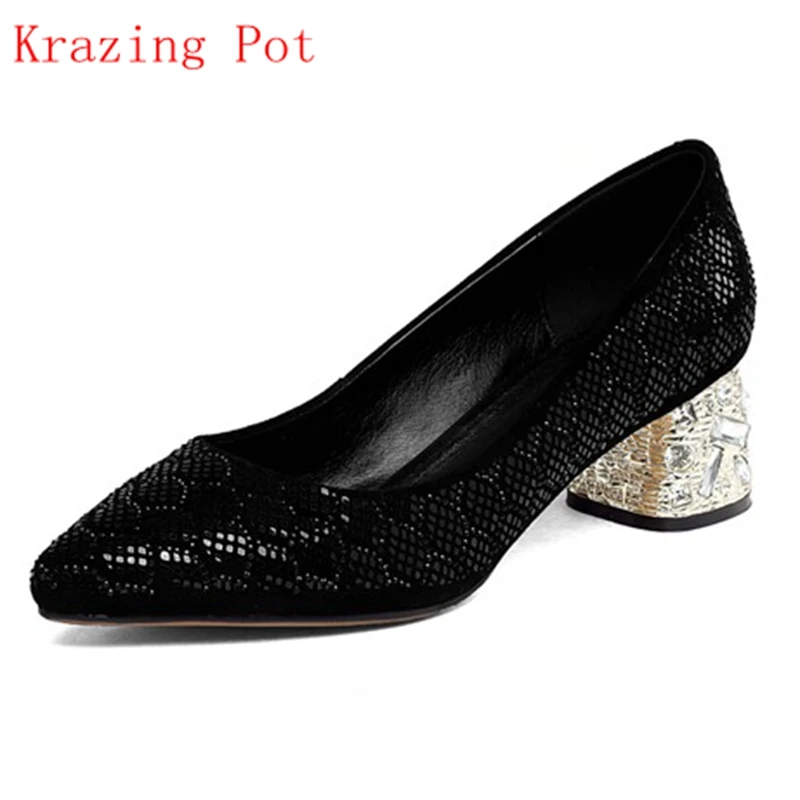 

2018 New Fashion Autumn Brand Plus Size 34-43 Nubuck Leather Med Heel Women Pumps Pointed Toe Elegant Rhinestone Causal Shoe L11