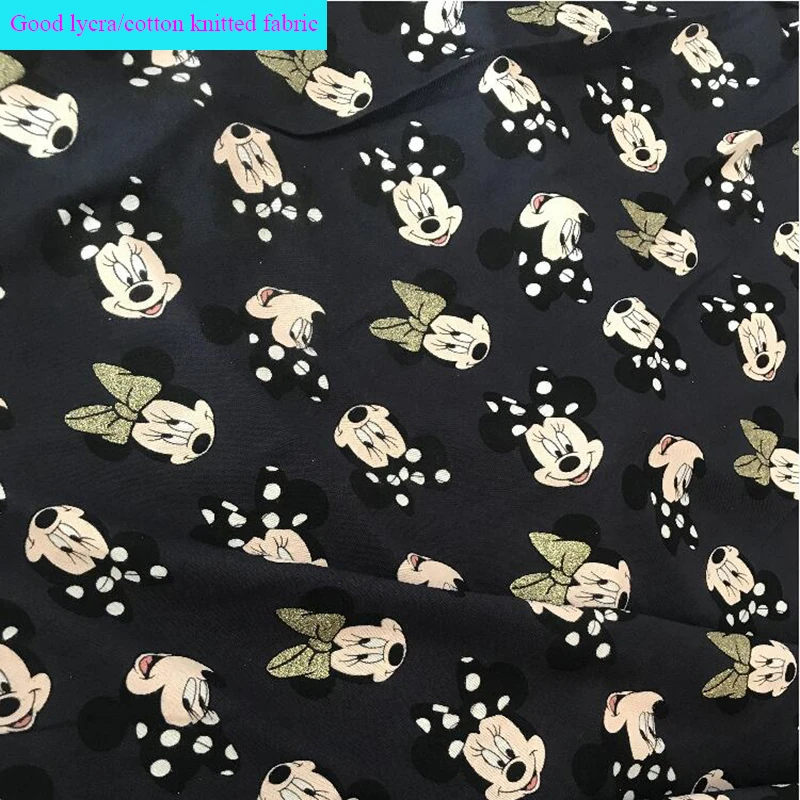 Хорошая черная лайкра/хлопок трикотажная ткань мультфильм Минни и галстук тянущаяся ткань с принтом лоскутное шитье DIY шитье девушка футболка платье