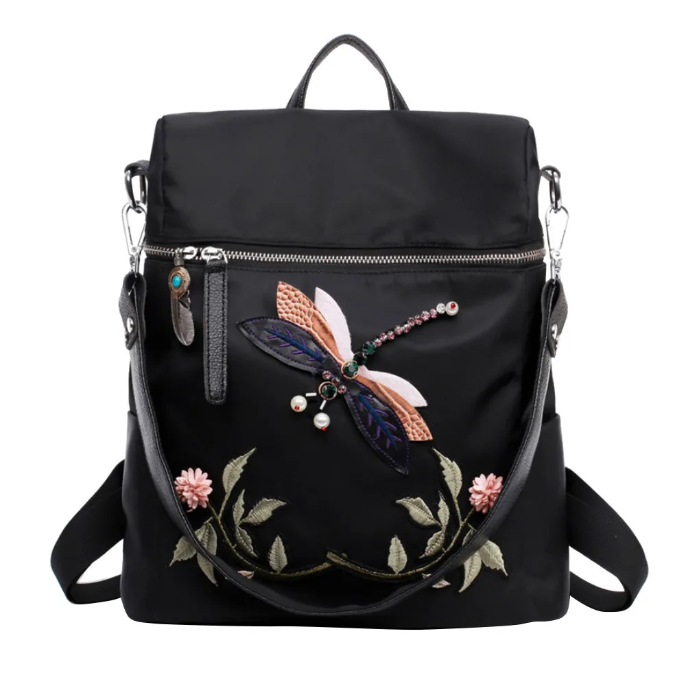 

Nylon Dragonfly Embroidery Practical Functional Travel Female Backpack femal shoulder bags Travel Backpack