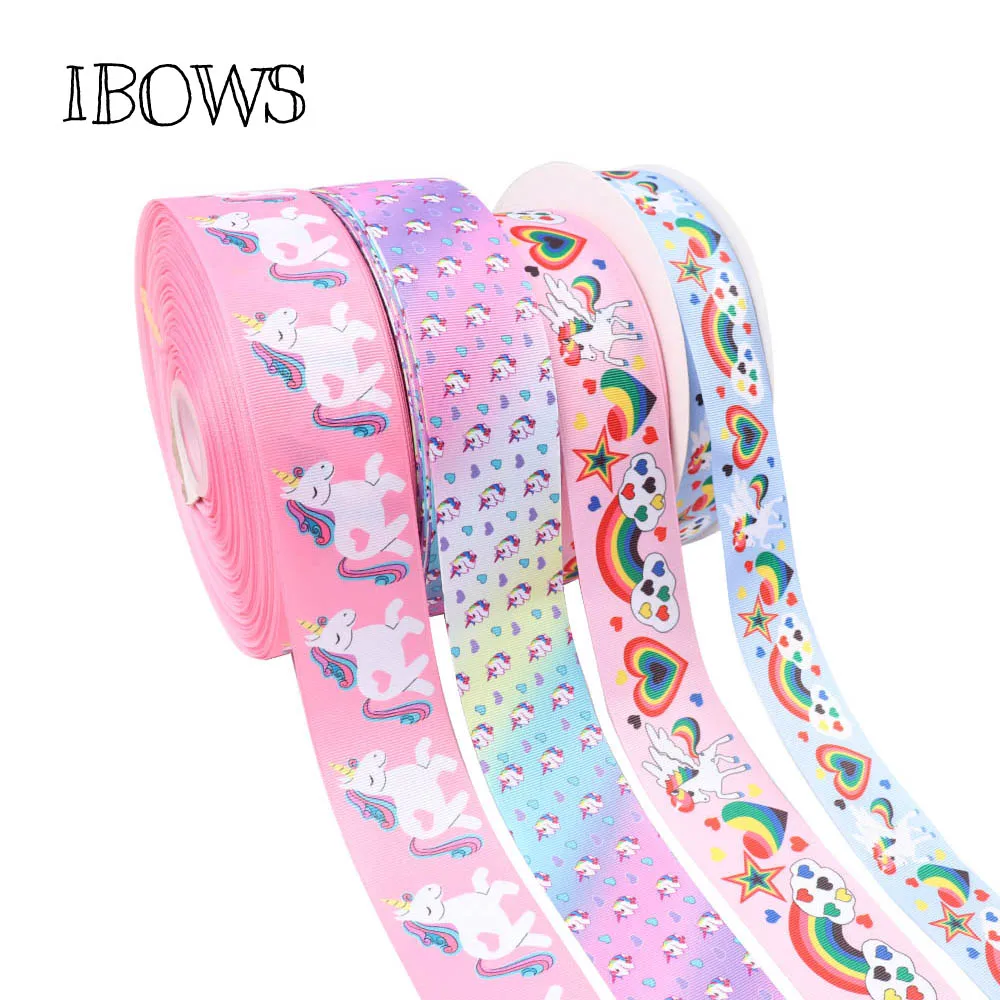 

IBOWS 5yards 2" 50mm Cartoon Ribbon Unicorn Rainbow Horse Printed Grosgrain Ribbon for DIY Hairbow Crafts Material Gift Wrpping
