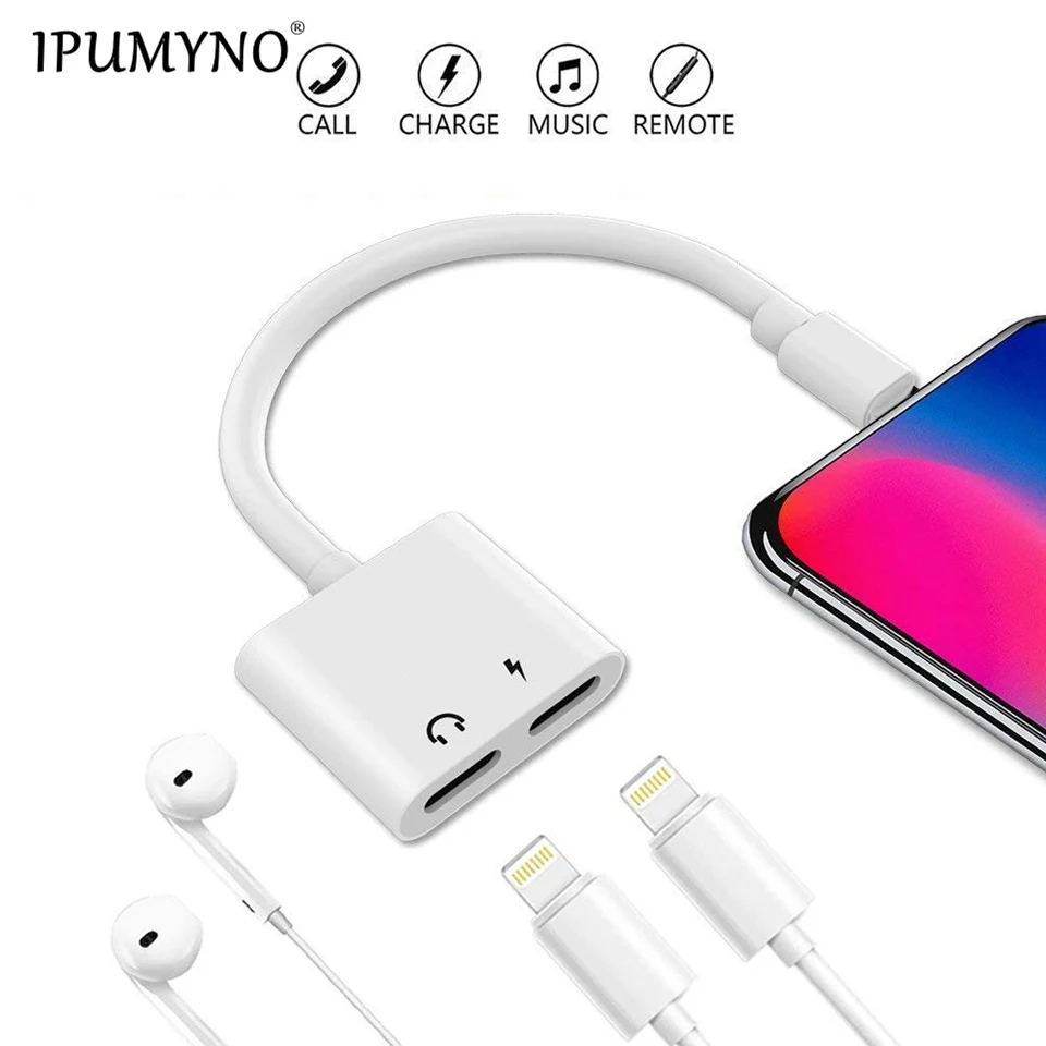 Goedkoop Dubbele Jack Opladen Audio Adapter voor iPhone 7 8 Plus X XR XS MAX Muziek of Bel Voor Hoofdtelefoon Audio lading Adapter Converter
