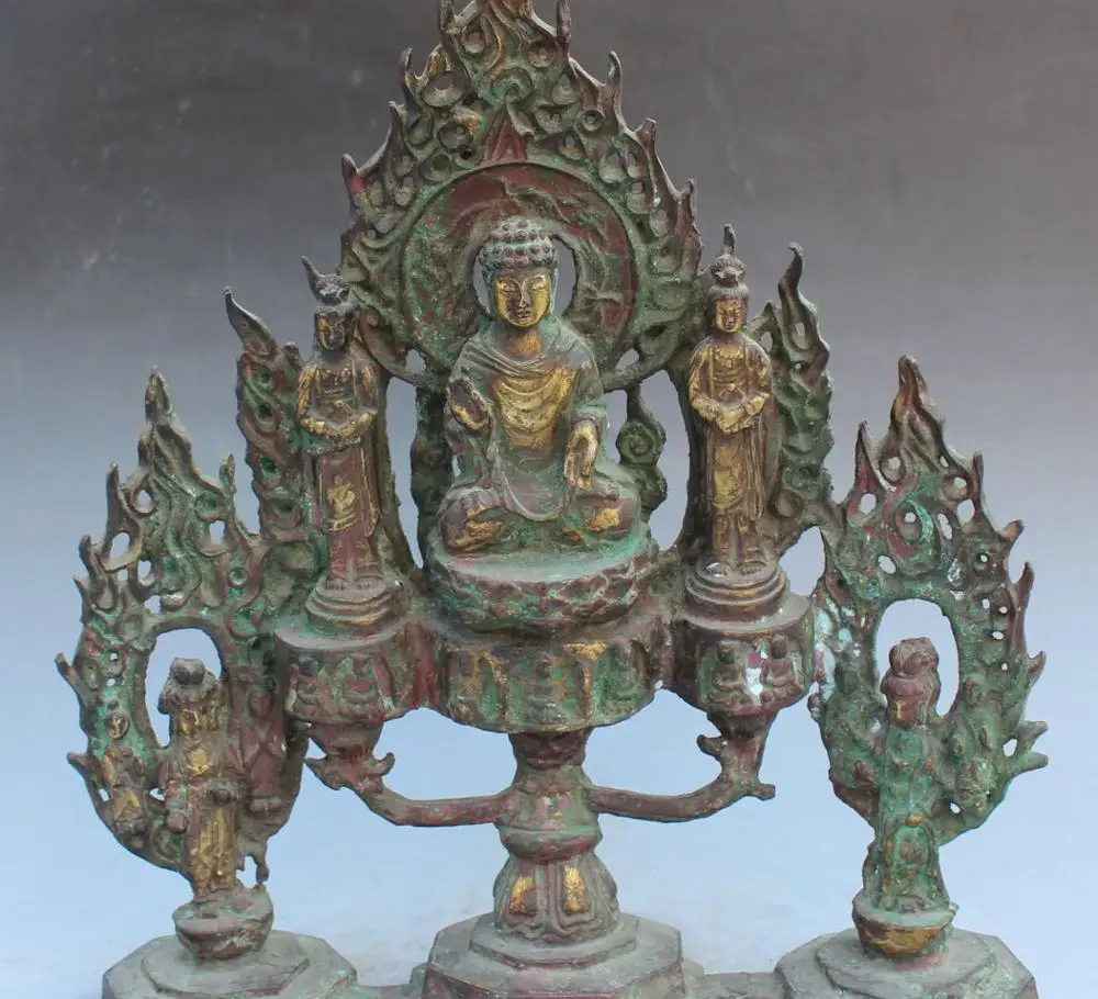 Old Rare Bronze Gold Gilt Sakyamuni Shakyamuni 1000 Arms Kwan yin Guanyin Statue