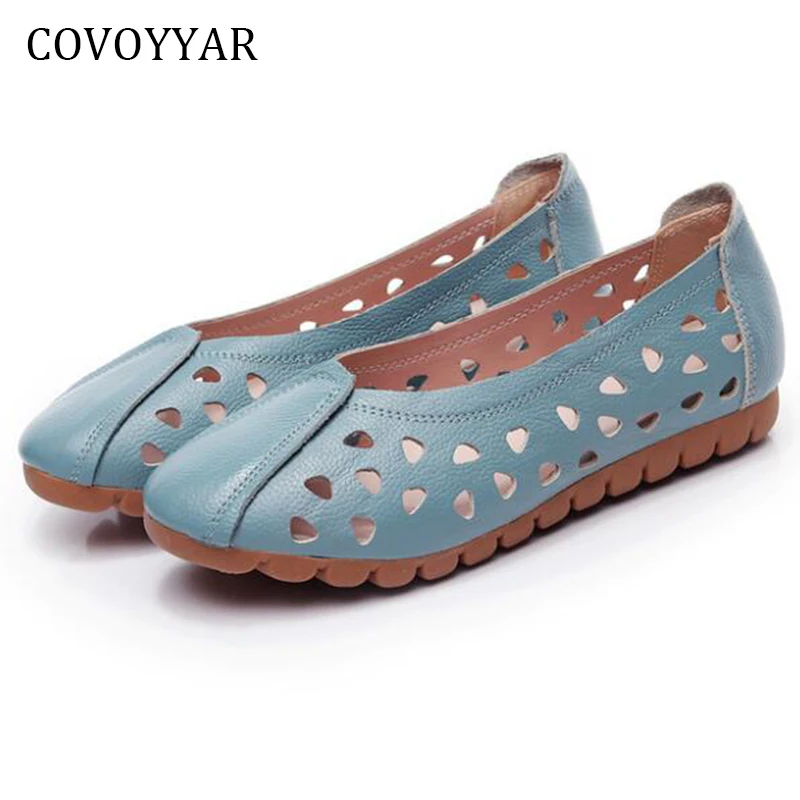 

COVOYYAR 2019 Breathable Women Loafers Summer Cut Out Soft Bottom Lady Flats Genuine Leather Women Driver Shoes Big Sizes WFS893
