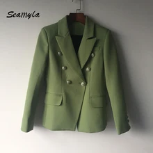 Seamyla, высокое качество,, дизайнерский Блейзер, пальто для женщин, новая мода, Зеленый металл, пуговицы, двубортный Блейзер, верхняя одежда, пальто