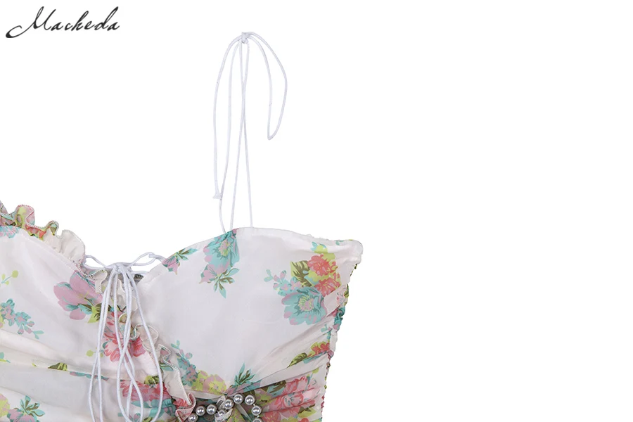 Macheda Женское короткое кружевное платье мини с цветочным принтом на бретелях с бантиком с оборками