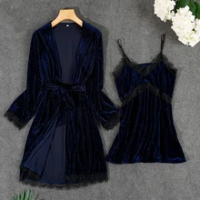 Осенний Золотой бархатный женский вечерний комплект с платьем ночные пижамы платье Ночное белье пижамы женский неглиже сексуальный халат