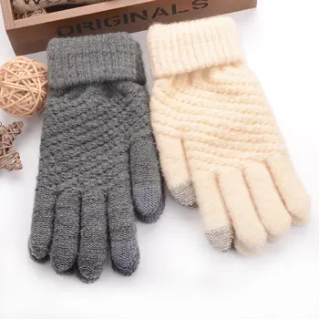 

Hot Women Warm Winter Knitted Full Finger Gloves Mittens Girl Female Solid Woolen Gloves Screen Luvas Velvet Flexible Gloves H9