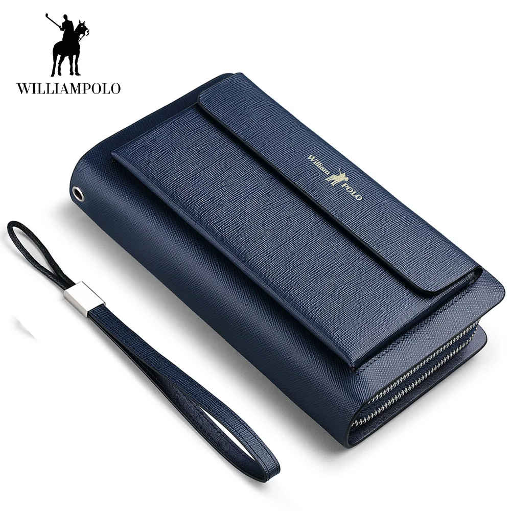 WILLIAMPOLO New Men Wallet Genuine Leather Long Clutch Phone Pocket Card Holder Handbag Double Zipper Detachable Wristlet Black