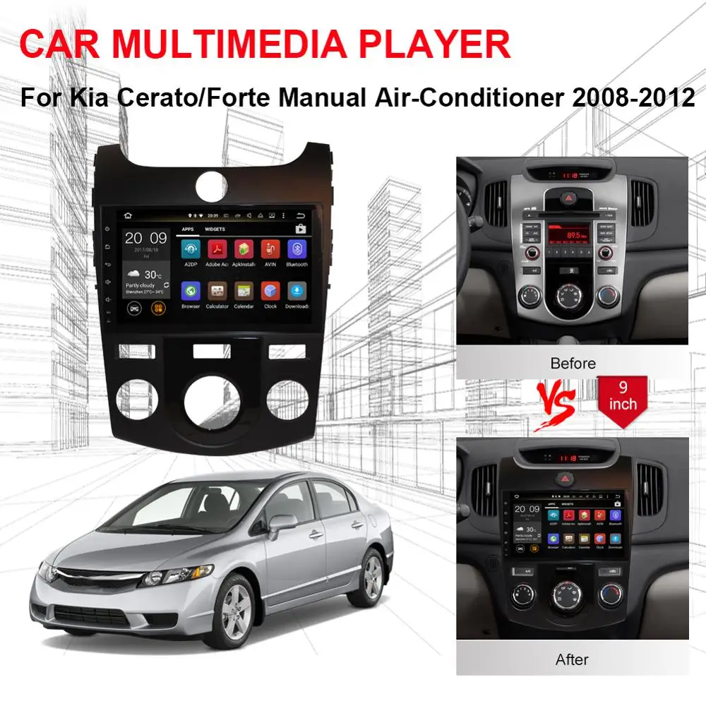 Discount Android 9.0 Car GPS Multimedia Player For KIA CERATO/FORTE Manual Air-Conditioner version 2008-2012 Radio Stereo GPS Navigation 2