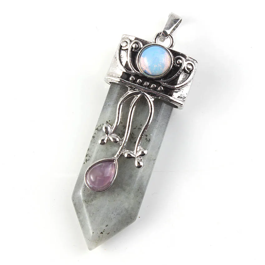 Natural Gnergy Gemstone~ Silver Plated Natural Purple Amethysts Crystal Rose Pink Quartz With Flower Sword Pendant Labradorite Jewelry 14 AA00201027106a